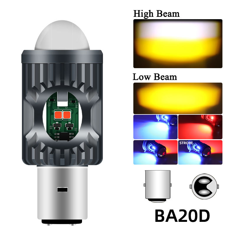 LED prednje svjetlo za motocikl BA20D/H4/P15D, bijelo-žuti visok i nizak snop, upozoravajuće fisheye svjetlo crveno-plavo
