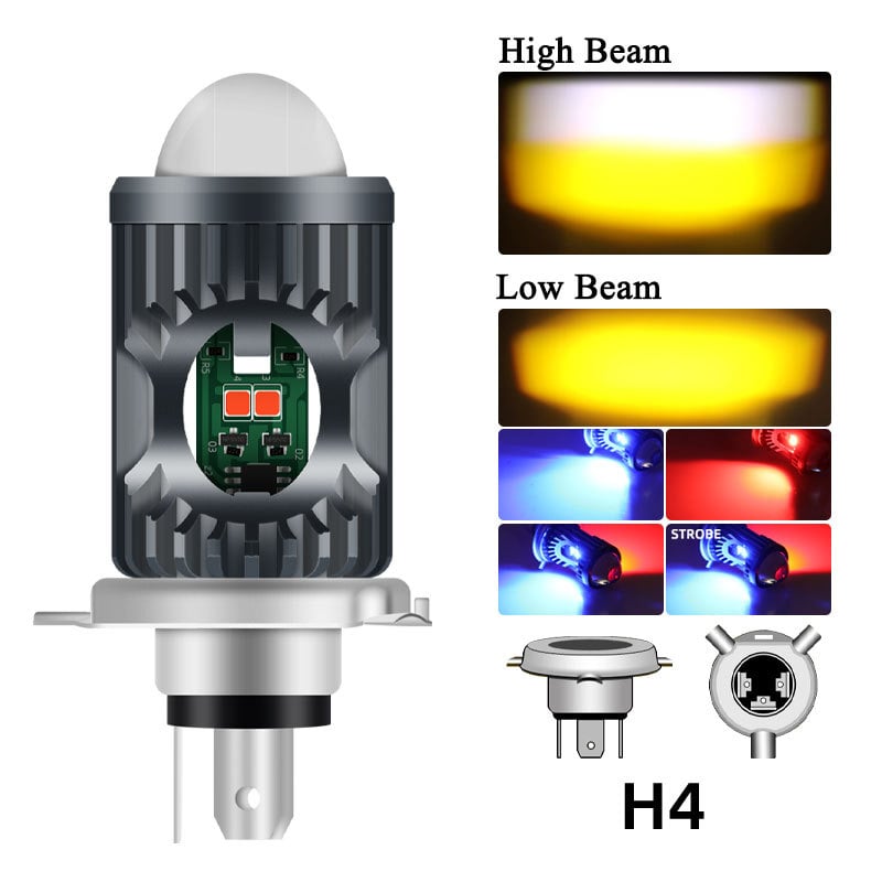 LED prednje svjetlo za motocikl BA20D/H4/P15D, bijelo-žuti visok i nizak snop, upozoravajuće fisheye svjetlo crveno-plavo