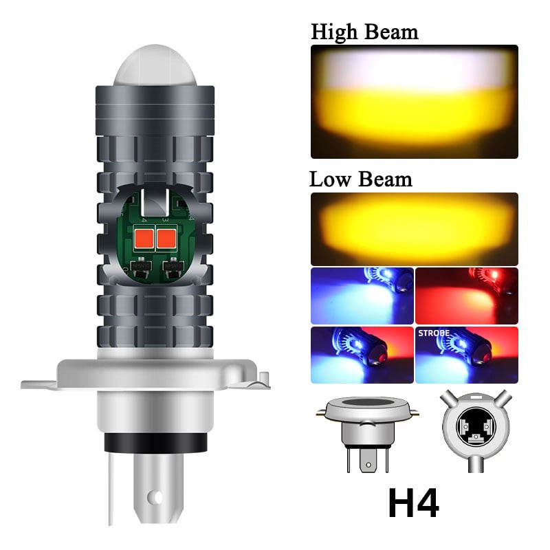 LED prednje svjetlo za motocikl BA20D/H4/P15D, bijelo-žuti visok i nizak snop, upozoravajuće fisheye svjetlo crveno-plavo