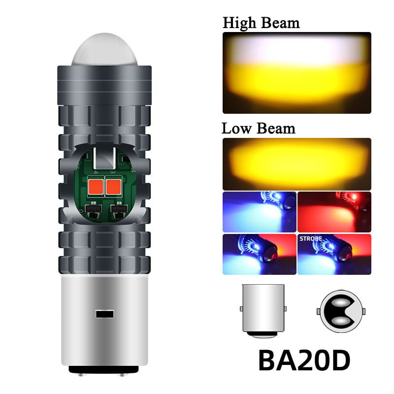 LED prednje svjetlo za motocikl BA20D/H4/P15D, bijelo-žuti visok i nizak snop, upozoravajuće fisheye svjetlo crveno-plavo