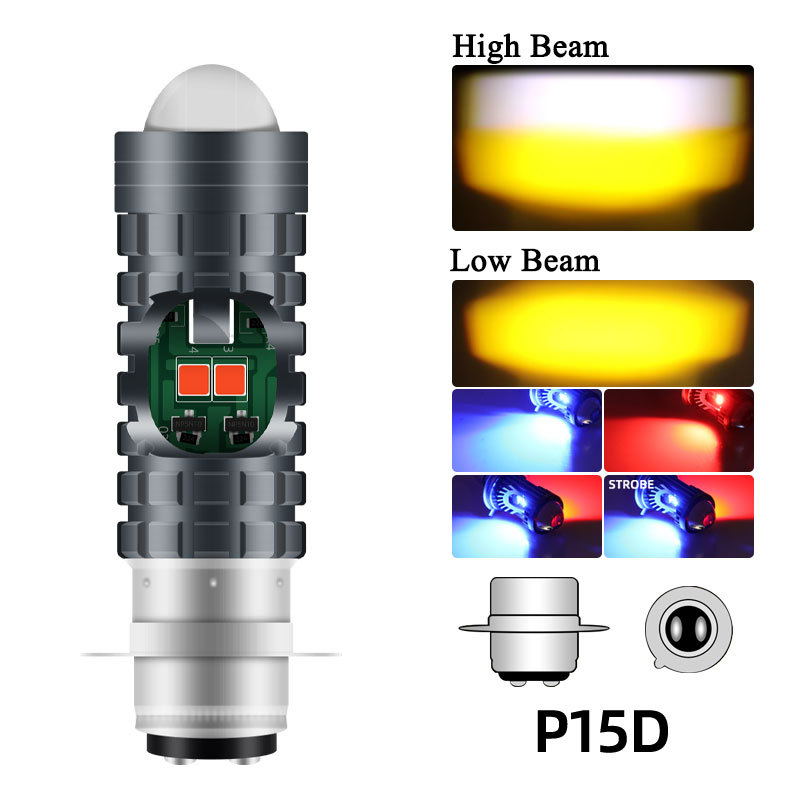 LED prednje svjetlo za motocikl BA20D/H4/P15D, bijelo-žuti visok i nizak snop, upozoravajuće fisheye svjetlo crveno-plavo