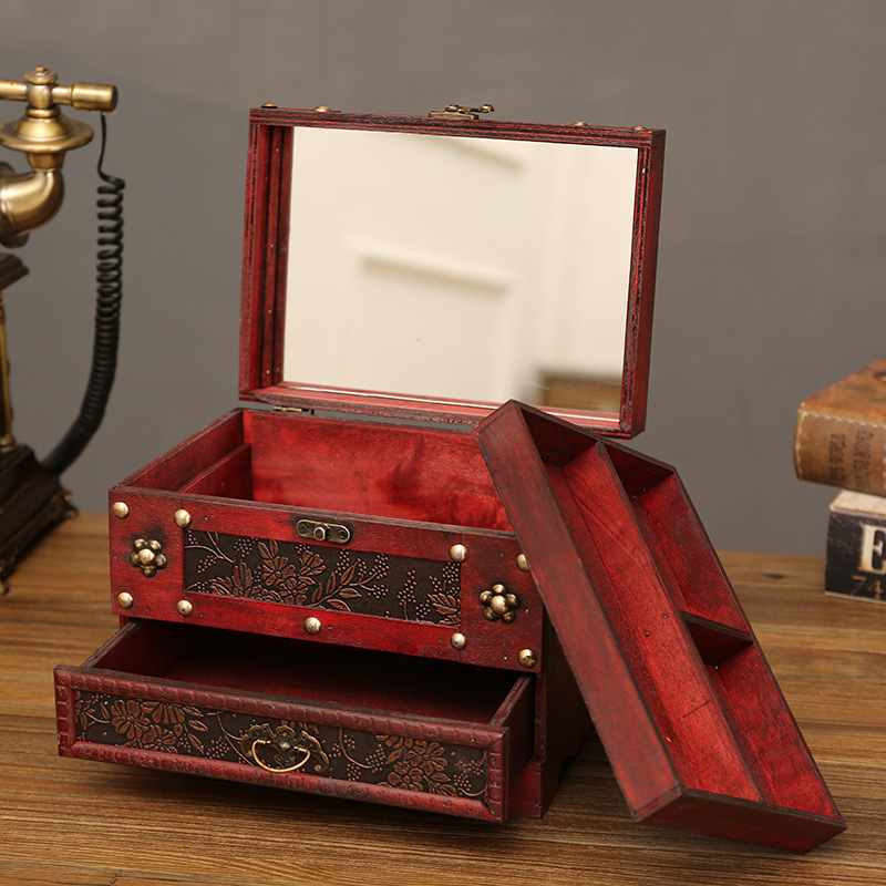 Дървена кутия за бижута в стил класически китайски, устойчива на прах за настолна употреба, с две нива