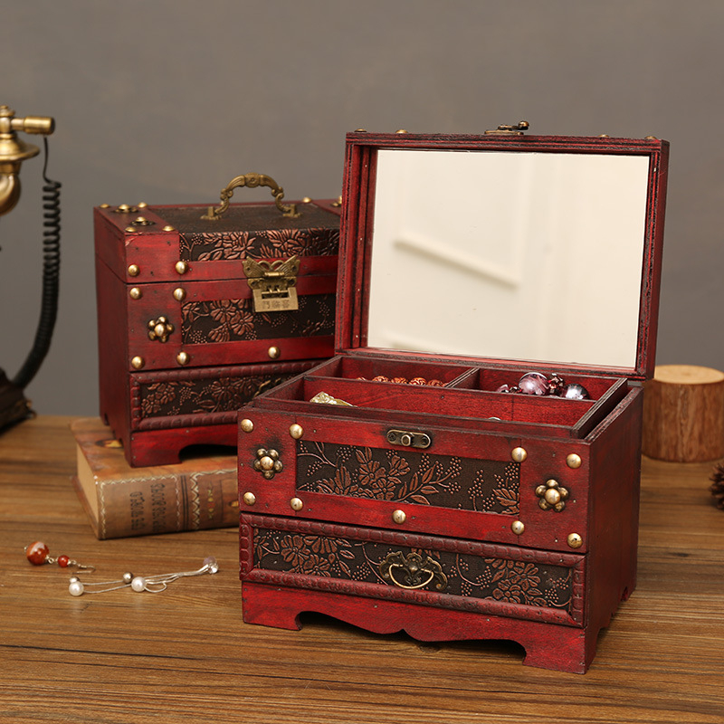 Дървена кутия за бижута в стил класически китайски, устойчива на прах за настолна употреба, с две нива