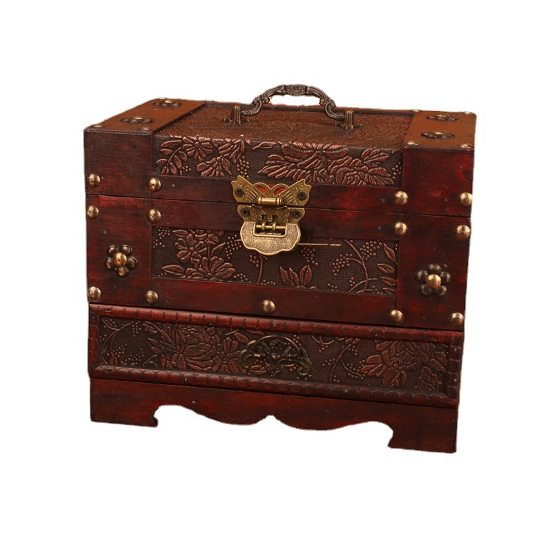 Дървена кутия за бижута в стил класически китайски, устойчива на прах за настолна употреба, с две нива