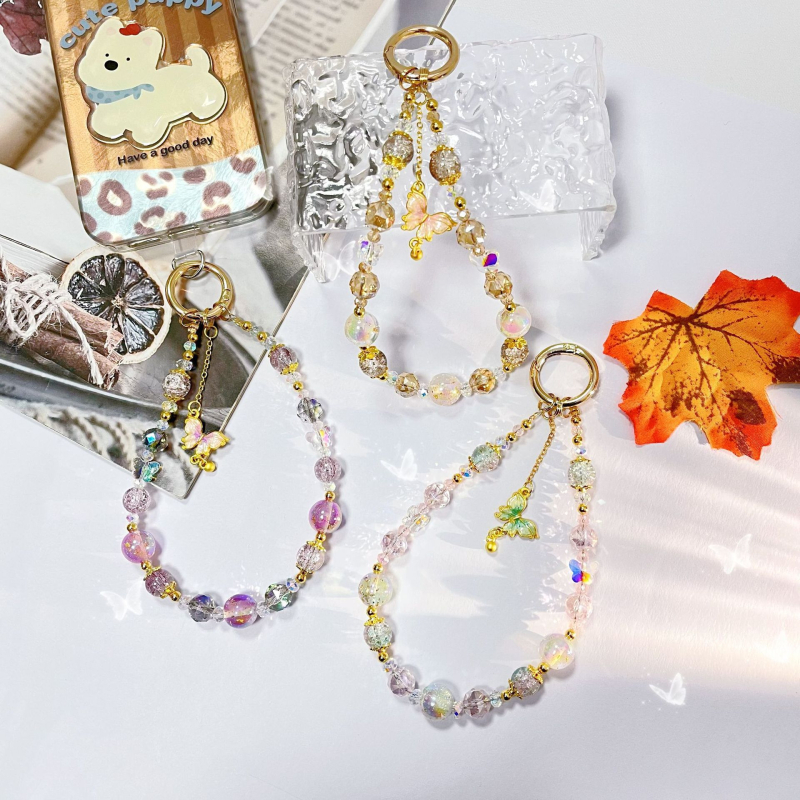 Ručno izrađena narukvica za mobitel s kristalnim perlama i legurom, leptir, PVC užad, metalna kopča, ženski stil