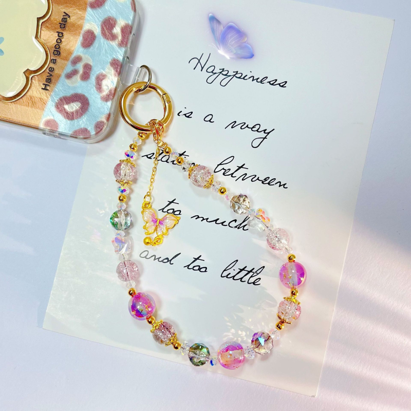 Ručno izrađena narukvica za mobitel s kristalnim perlama i legurom, leptir, PVC užad, metalna kopča, ženski stil