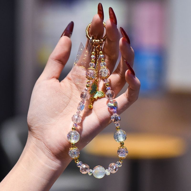 Ručno izrađena narukvica za mobitel s kristalnim perlama i legurom, leptir, PVC užad, metalna kopča, ženski stil