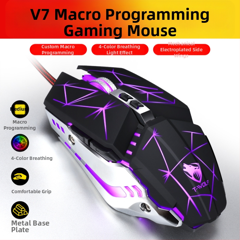 Mouse de joc Thunderwolf V7 cu cablu, senzor optic 2000 DPI, 7 butoane, USB, 5 trepte DPI, cablu de 1,5 m