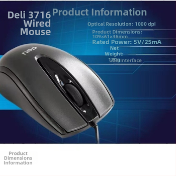 Káblová myš Deli 3716 – optický senzor, ergonomický dizajn, dĺžka kábla 2 m