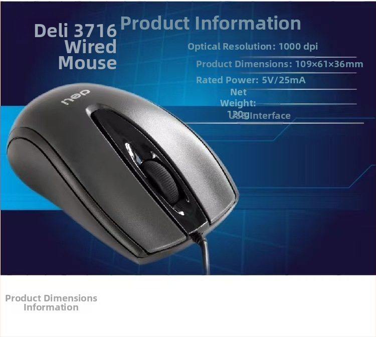 Káblová myš Deli 3716 – optický senzor, ergonomický dizajn, dĺžka kábla 2 m