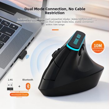 Ergonomická dobíjateľná bezdrôtová myš s dvojmódovým 2.4G a Bluetooth, vertikálny dizajn, 6 tlačidiel, 1600 DPI