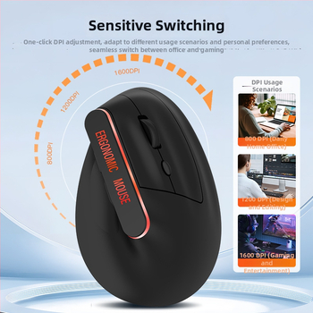 Ergonomická dobíjateľná bezdrôtová myš s dvojmódovým 2.4G a Bluetooth, vertikálny dizajn, 6 tlačidiel, 1600 DPI