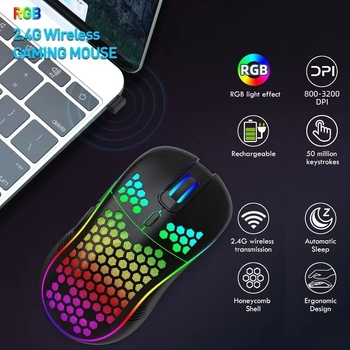 Bežični gaming miš s RGB osvjetljenjem, 2.4G USB, DPI prilagodljiv 2600, 6 tipki, domet 10 m (2.4G bežična veza, USB sučelje, DPI prilagodljiv 2600, 6 tipki, domet 10 m)