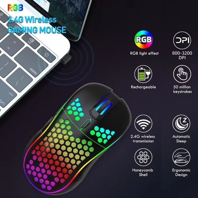 Bežični gaming miš s RGB osvjetljenjem, 2.4G USB, DPI prilagodljiv 2600, 6 tipki, domet 10 m (2.4G bežična veza, USB sučelje, DPI prilagodljiv 2600, 6 tipki, domet 10 m)