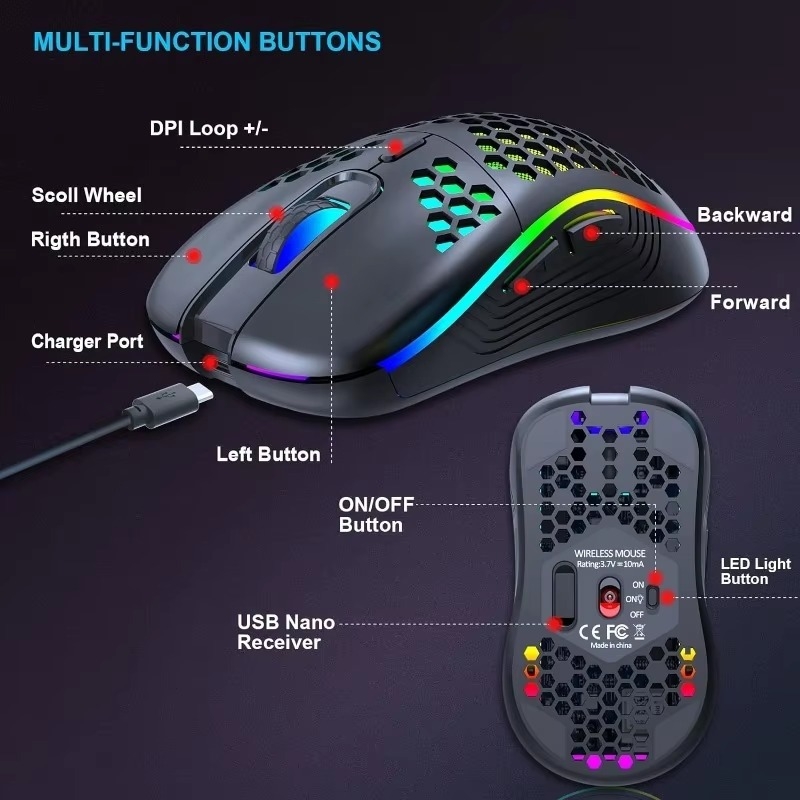 Bežični gaming miš s RGB osvjetljenjem, 2.4G USB, DPI prilagodljiv 2600, 6 tipki, domet 10 m (2.4G bežična veza, USB sučelje, DPI prilagodljiv 2600, 6 tipki, domet 10 m)
