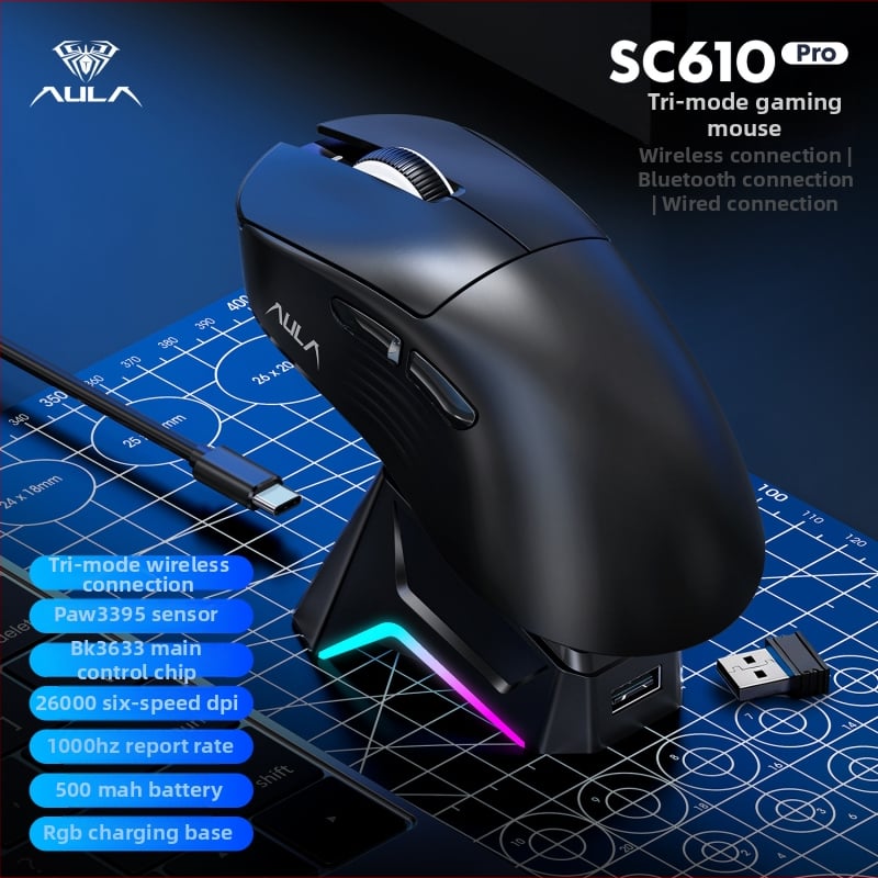 Bezdrôtová herná myš Wolf Spider Sc610Pro s Bluetooth a 2,4G tri režimy, 6 tlačidiel, DPI 1200–26000, hmotnosť 61 g, nabíjacia základňa