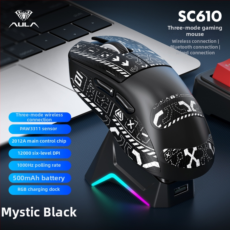 Bezdrôtová herná myš Wolf Spider Sc610Pro s Bluetooth a 2,4G tri režimy, 6 tlačidiel, DPI 1200–26000, hmotnosť 61 g, nabíjacia základňa