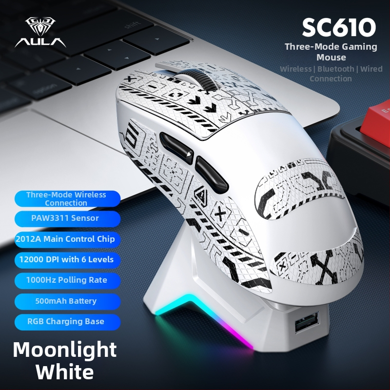 Bezdrôtová herná myš Wolf Spider Sc610Pro s Bluetooth a 2,4G tri režimy, 6 tlačidiel, DPI 1200–26000, hmotnosť 61 g, nabíjacia základňa