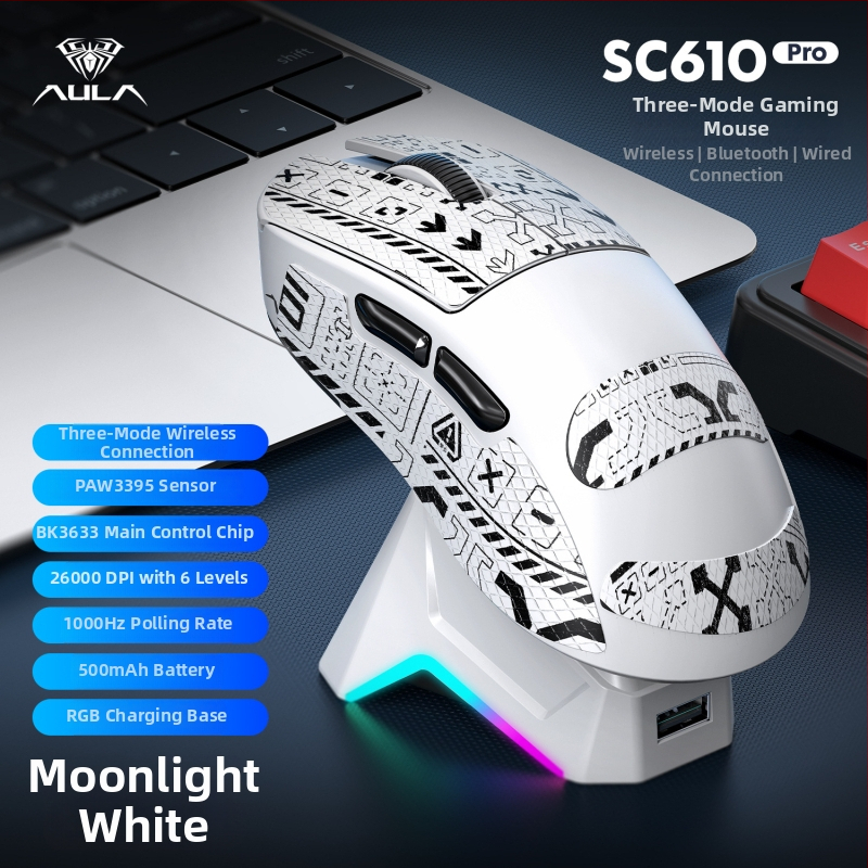 Bezdrôtová herná myš Wolf Spider Sc610Pro s Bluetooth a 2,4G tri režimy, 6 tlačidiel, DPI 1200–26000, hmotnosť 61 g, nabíjacia základňa