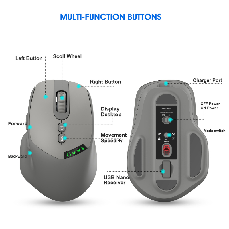 Mouse Bluetooth fără fir pentru laptop – silențios, reîncărcabil, 2000 DPI, 7 butoane, conexiune 2,4GHz/Bluetooth