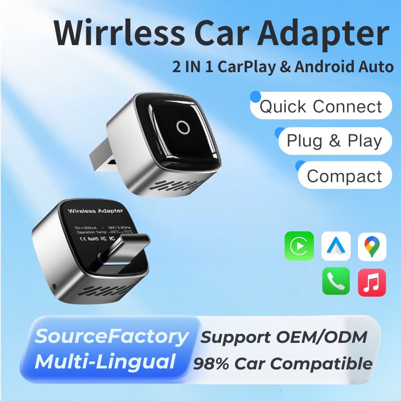 Model M5: adaptor CarPlay 2 în 1 – cablat către CarPlay wireless și Android Auto wireless; carcasă din aliaj + placă acrilică; port USB/Type-C; compatibil cu 98% dintre vehiculele străine