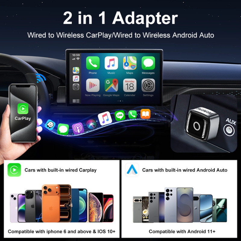 Model M5: adaptor CarPlay 2 în 1 – cablat către CarPlay wireless și Android Auto wireless; carcasă din aliaj + placă acrilică; port USB/Type-C; compatibil cu 98% dintre vehiculele străine
