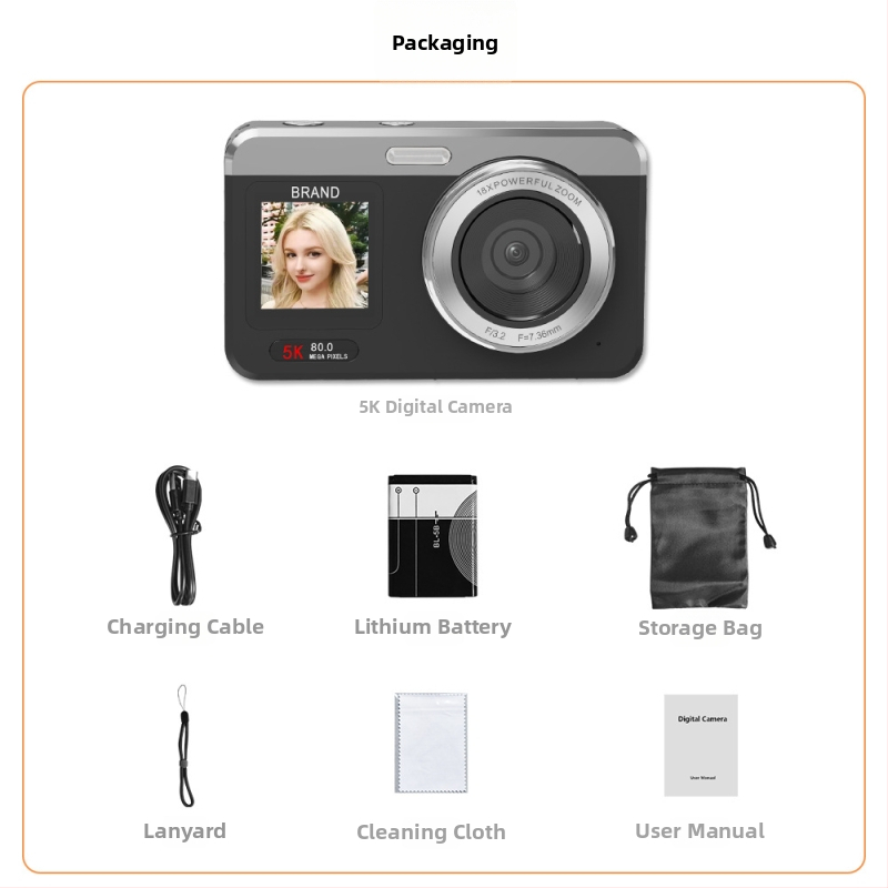 Selfie digitálny fotoaparát 80MP CMOS, 5K video, 18x optický zoom, prenosný dvojitý displej, ručný režim