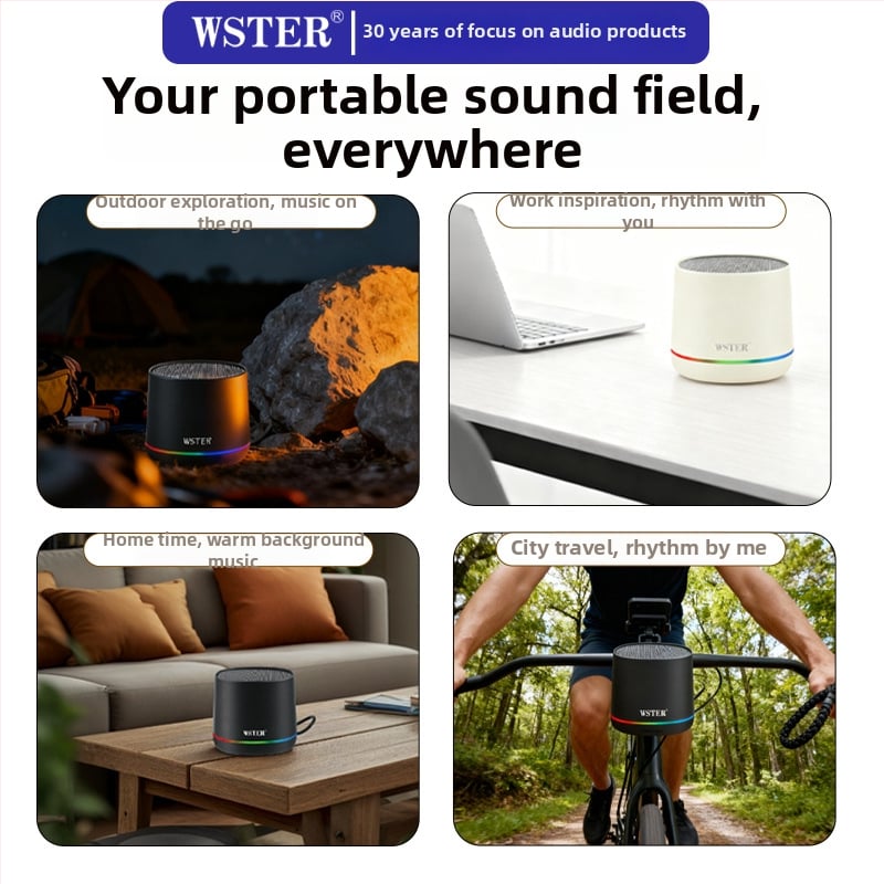 Boxă Bluetooth mică cu baterie încorporată de 1200–2000mAh, Bluetooth 5.3, ieșire 5W, IPX4 rezistentă la apă, radio FM și redare pe card TF