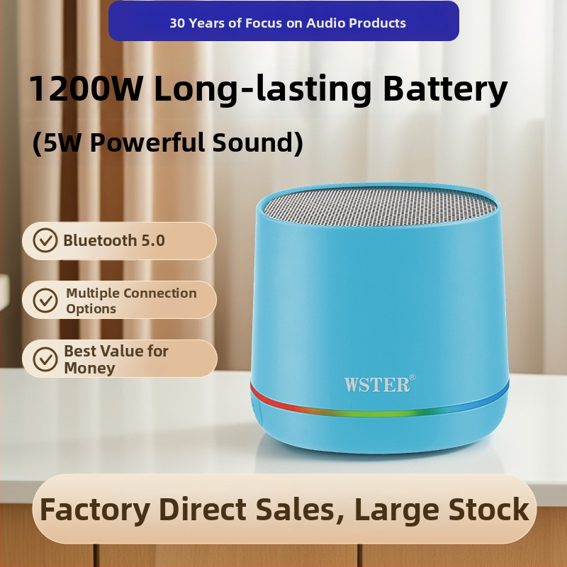 Boxă Bluetooth mică cu baterie încorporată de 1200–2000mAh, Bluetooth 5.3, ieșire 5W, IPX4 rezistentă la apă, radio FM și redare pe card TF