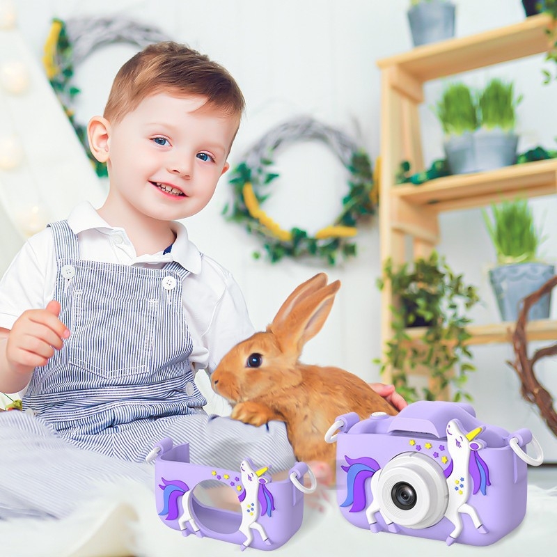 H11 dječja kamera s dvostrukim objektivom – tema jednorog crtić, 5–12 MP, 2,0'' IPS zaslon s zaštitom očiju, trajanje baterije 3–5 sati
