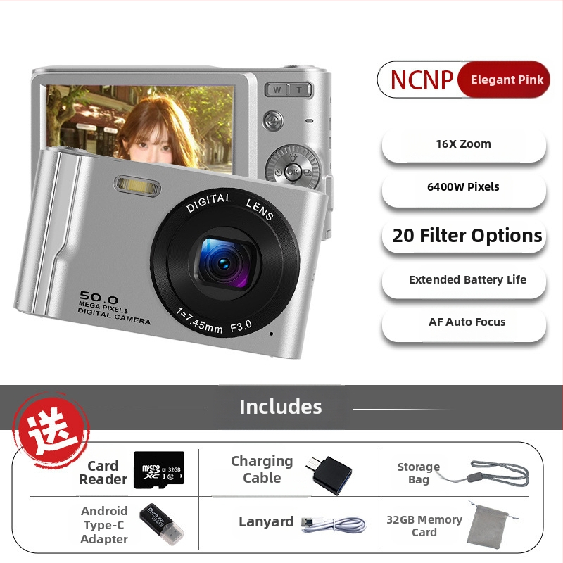 NCNPccd Digitálny fotoaparát so senzorom 64 MP, 16× optický zoom, pevný objektív, optická stabilizácia – HD kamera na cestovanie