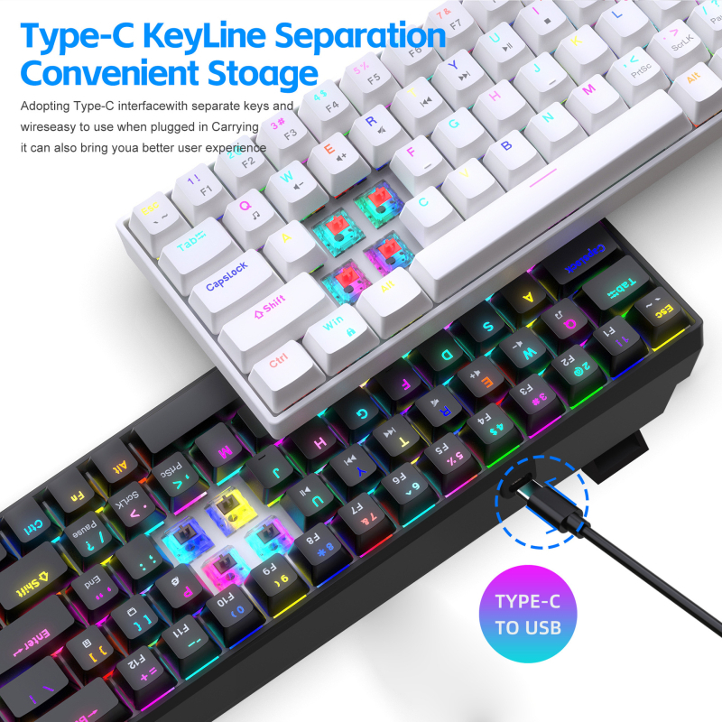 68-tipkovnica kabelska mehanička gaming tipkovnica s RGB pozadinskim osvjetljenjem, makro programiranjem, crveni ili smeđi prekidači