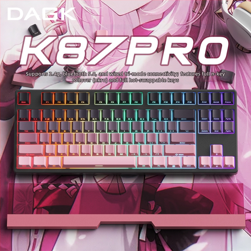 Dagkk87 Tastatură mecanică fără fir cu iluminare RGB, trei moduri de conectare Bluetooth, taste RGB personalizabile, construcție ABS