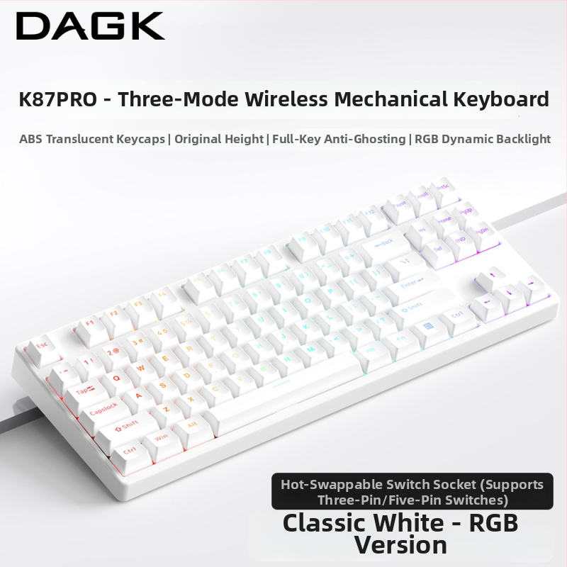 Dagkk87 Tastatură mecanică fără fir cu iluminare RGB, trei moduri de conectare Bluetooth, taste RGB personalizabile, construcție ABS