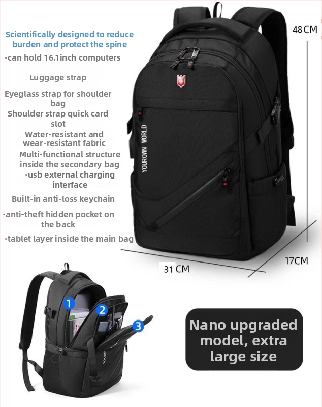 Ruksak za poslovna putovanja, kapacitet 20–35 L, pogodan za 16-inčni prijenosnik, USB priključak, poliester, remeni s zračnim jastukom