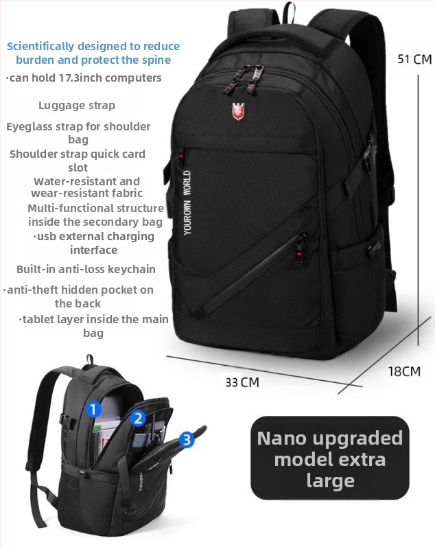 Ruksak za poslovna putovanja, kapacitet 20–35 L, pogodan za 16-inčni prijenosnik, USB priključak, poliester, remeni s zračnim jastukom