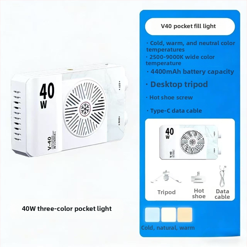 Pocket RGB LED svetlo na dopĺňanie — ručne, zabudovaná batéria, 25W/40W, 7.4V, pre fotografovanie, krátke videá a exteriérové natáčanie