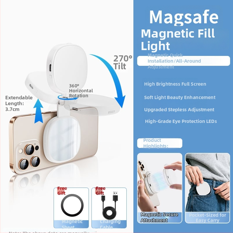 MagSafe magnetické svetlo na doplnenie pre mobilný telefón – Prenosné selfie osvetlenie na živé prenosy, vonkajšiu fotografiu, ručné použitie, 2W, 5V/1A, 2500–9900K