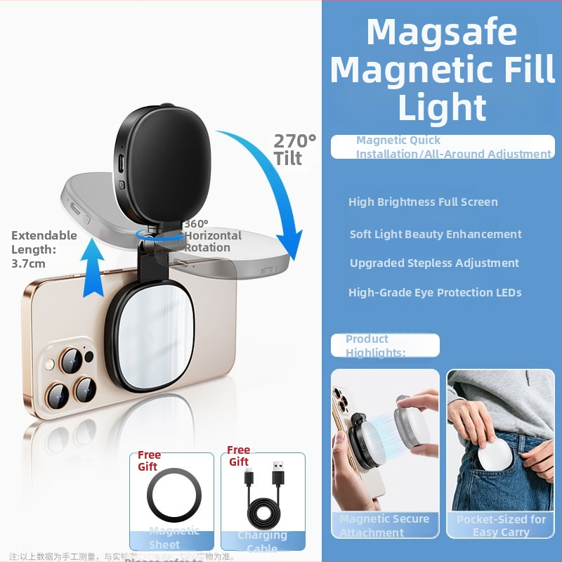MagSafe magnetické svetlo na doplnenie pre mobilný telefón – Prenosné selfie osvetlenie na živé prenosy, vonkajšiu fotografiu, ručné použitie, 2W, 5V/1A, 2500–9900K