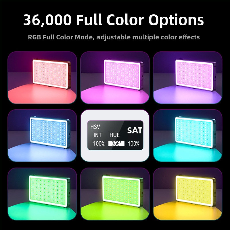 RGB svetlo pre kameru s hot shoe držiakom 1/4 štandard, dvojité skrutky, nastaviteľná farebná teplota 2500-9900K, 5V, <10W, stolové použitie
