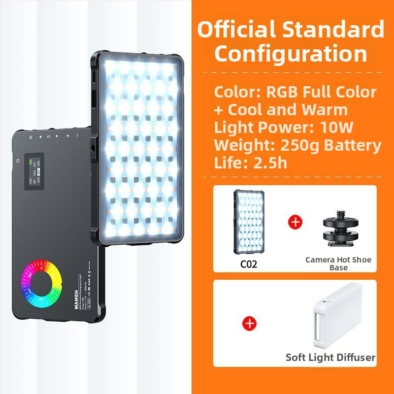 RGB svetlo pre kameru s hot shoe držiakom 1/4 štandard, dvojité skrutky, nastaviteľná farebná teplota 2500-9900K, 5V, <10W, stolové použitie