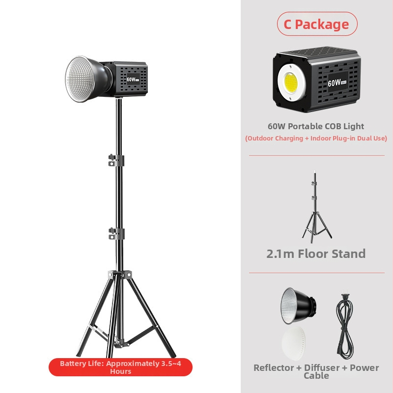 COB LED osvetľovač na fotenie, prenosný a nabíjateľný, 60W, vhodný pre fotografovanie, krása a živé vysielanie, široký vstupný rozsah napätia (DC 9–11V / AC 185–245V)