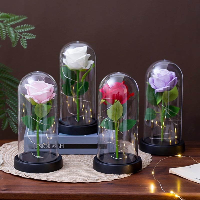 Изкуствена роза под стъклен купол – настолен декор, марка Xucheng; подарък за сватби, рождени дни, Коледа, Деня на майката и Св. Валентин