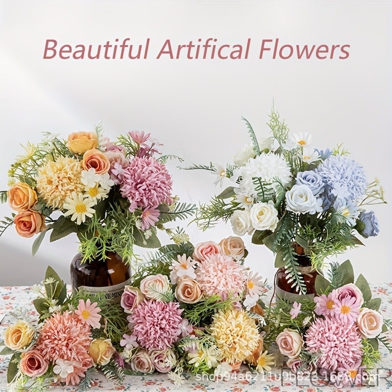 Grunt Μπουκέτο Τεχνητών Λουλουδιών με Rose και Hydrangea, Πλαστικά και Μεταξωτά Λουλούδια, Μονόβλαστος Κλάδος, Για Γάμους και Διακόσμηση Σπιτιού