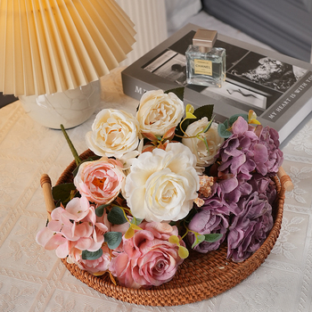 Ανθοδέσμη από μεταξωτά λουλούδια: Ευρωπαϊκό ρετρό στυλ Hydrangea, Peony & Rose για διακόσμηση σπιτιού και γάμου (ποικιλία 3283093)