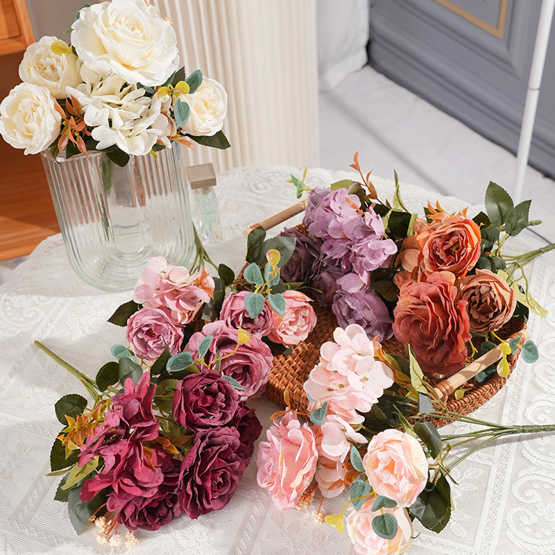 Ανθοδέσμη από μεταξωτά λουλούδια: Ευρωπαϊκό ρετρό στυλ Hydrangea, Peony & Rose για διακόσμηση σπιτιού και γάμου (ποικιλία 3283093)