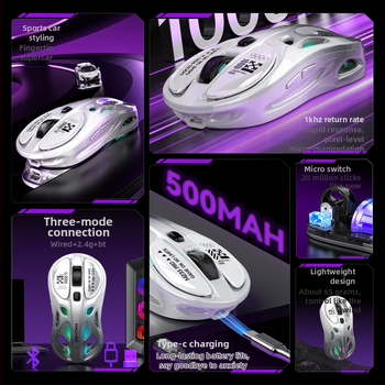 Tiger Cat M235Por herný miš – ľahká, tri režimy bezdrôtového pripojenia (Bluetooth, 2,4 GHz, kábel), RGB podsvietenie, 4800 DPI, 8 tlačidiel