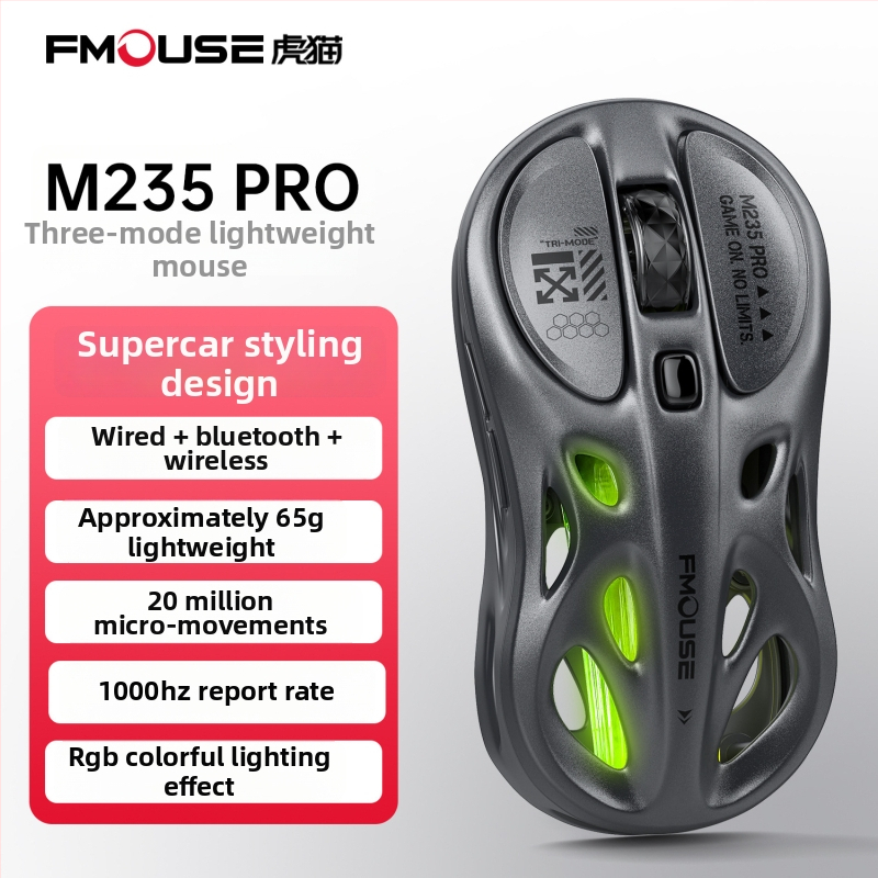 Tiger Cat M235Por herný miš – ľahká, tri režimy bezdrôtového pripojenia (Bluetooth, 2,4 GHz, kábel), RGB podsvietenie, 4800 DPI, 8 tlačidiel