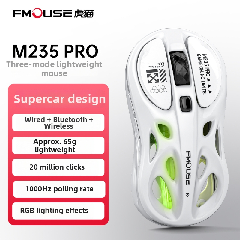 Tiger Cat M235Por herný miš – ľahká, tri režimy bezdrôtového pripojenia (Bluetooth, 2,4 GHz, kábel), RGB podsvietenie, 4800 DPI, 8 tlačidiel
