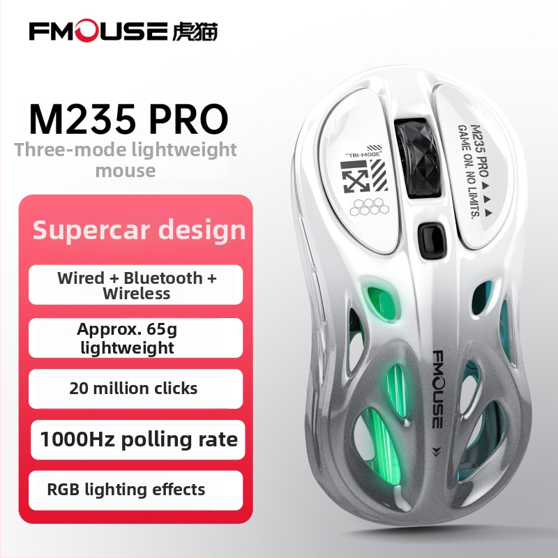Tiger Cat M235Por herný miš – ľahká, tri režimy bezdrôtového pripojenia (Bluetooth, 2,4 GHz, kábel), RGB podsvietenie, 4800 DPI, 8 tlačidiel
